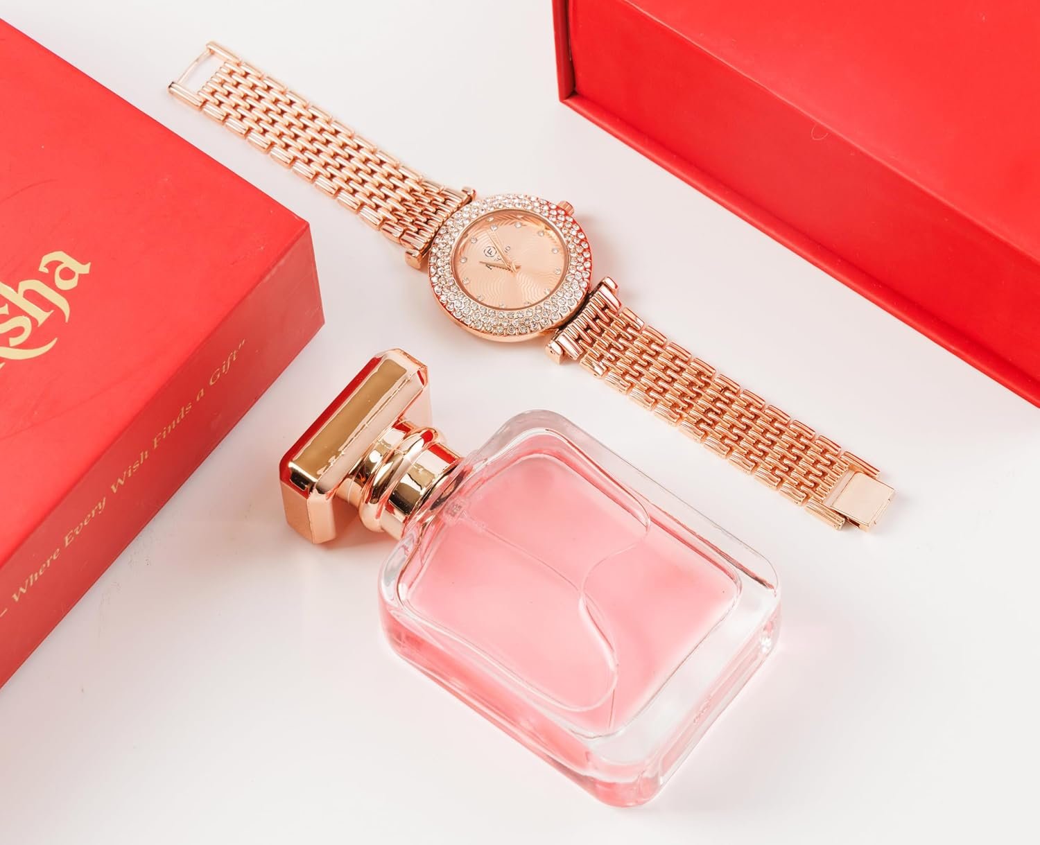 Women’s Gift Set – Rose Gold Designer Watch & long Lasting Perfume Bottle - Image 2