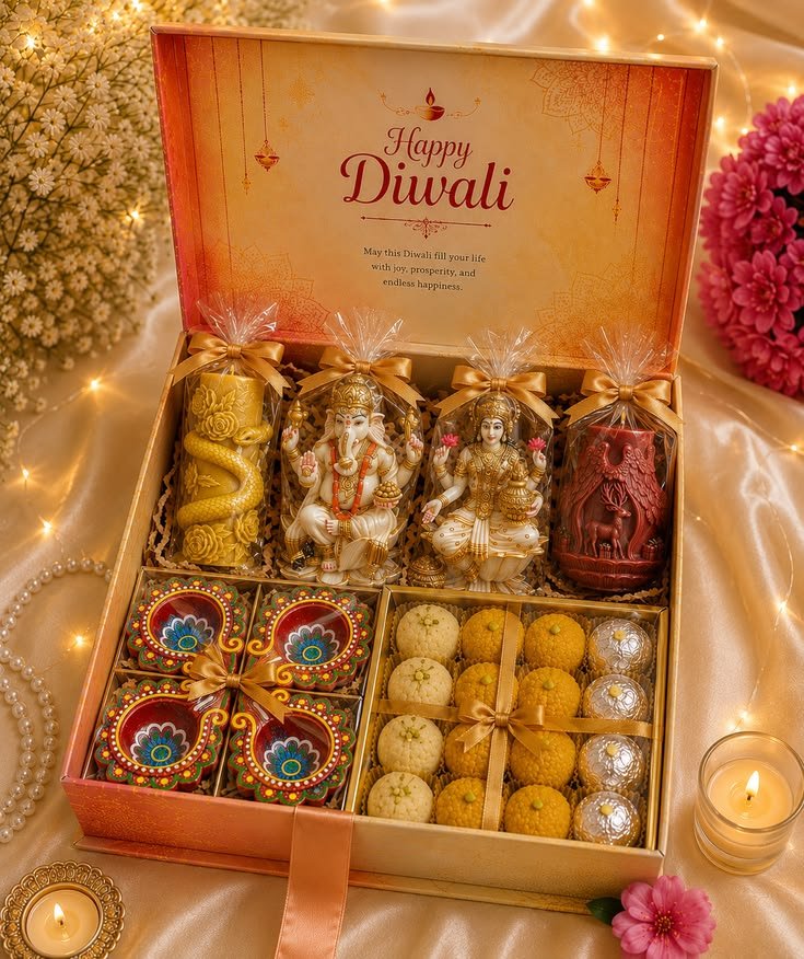 Luxury Diwali Gift Hamper Box with Lakshmi Ganesh Idol, Decorative Diyas