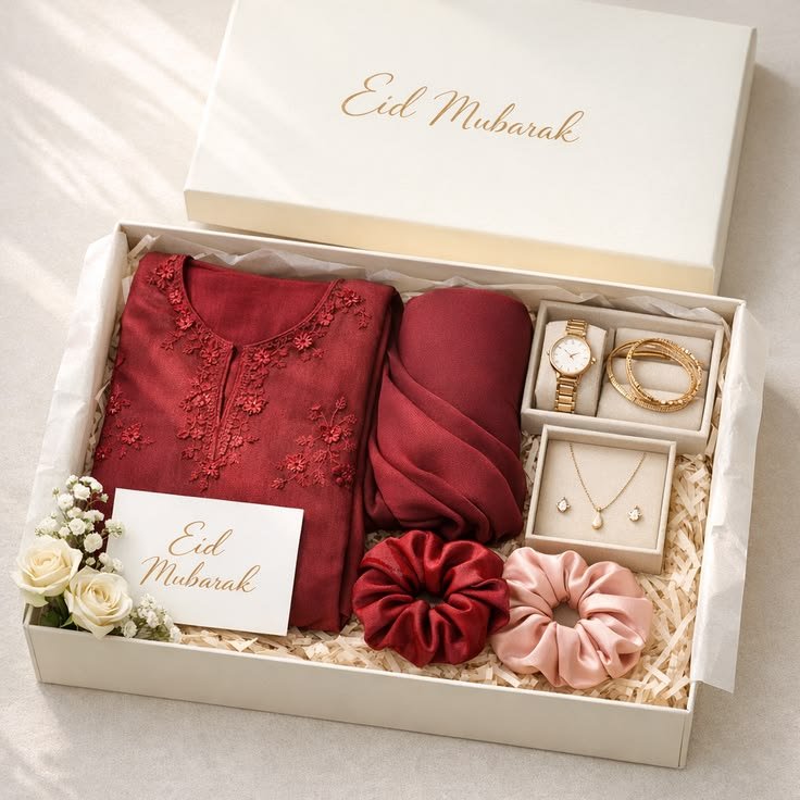 Elegant "Eid Mubarak" Women's Curated Gift Box in Deep Burgundy
